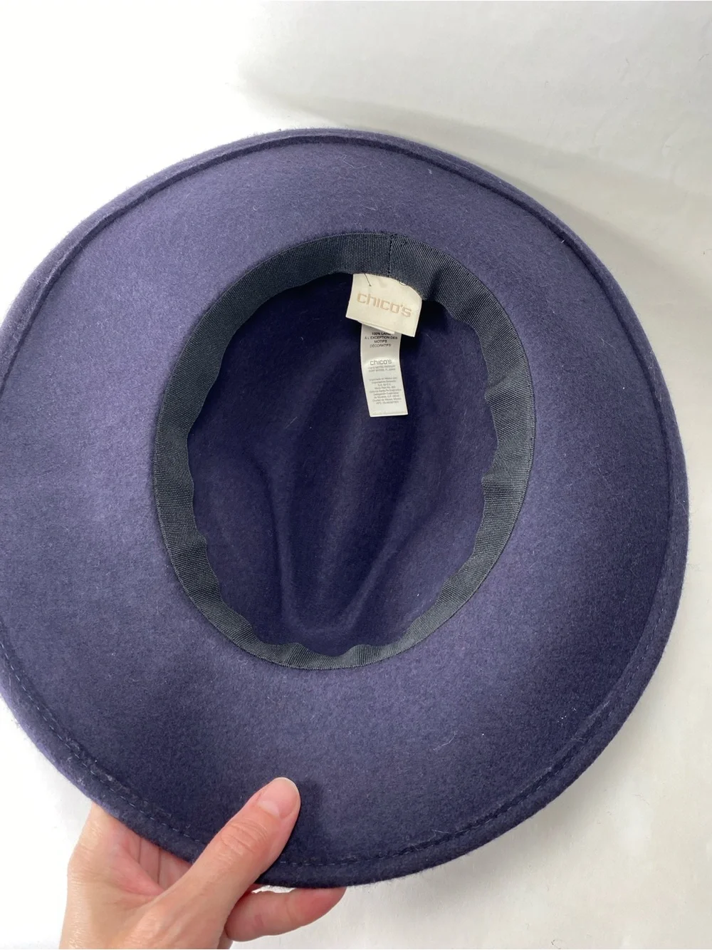 Chico's Navy Felt 100% Wool Wide-Brim Fedora with Light Blue Band One Size